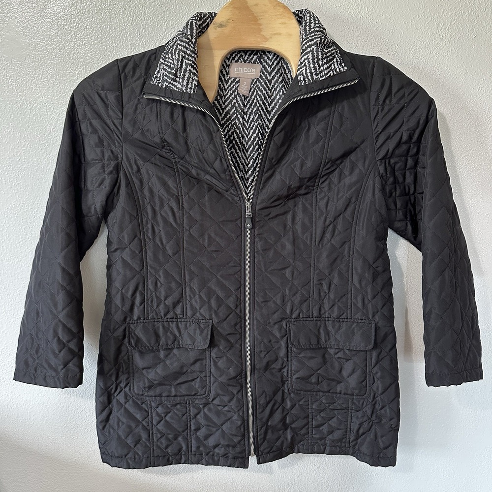 Chicos Womens Size 2/Large Black Quilted Jacket Mid Length Lightweight‎ Packable